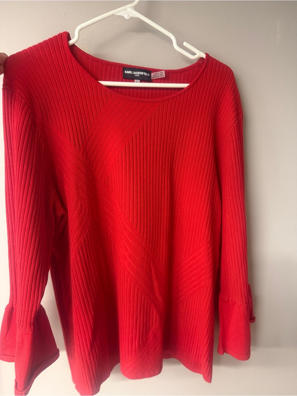 Karl Lagerfeld Red Ribbed Crewneck Sweater with Flared Cuffs